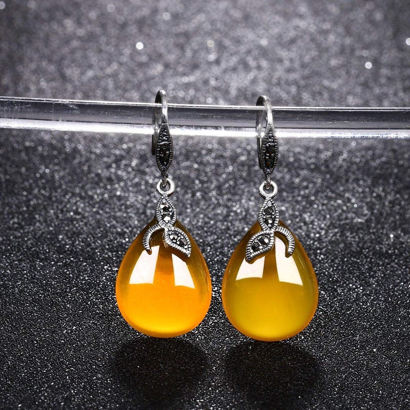 EVER FAITH 925 Sterling Silver Yellow Chalcedony Crystal Retro Black Leaf Teardrop Hook Earrings - Image 5